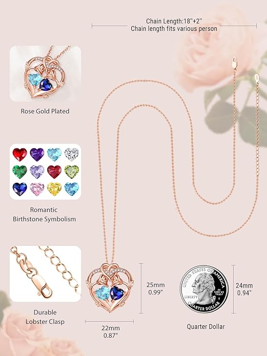 Rose Gold Necklaces for Women Double Birthstone Rose Flower Heart Pendant Necklace Jewelry Anniversary Christmas Valentine's Mother's Day Birthday Gift for Wife Mom Her Girlfriend Sister