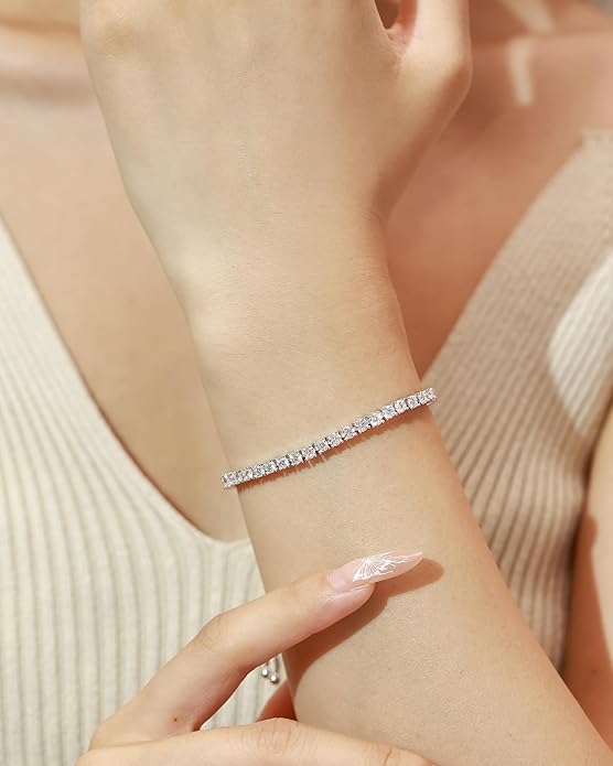 FANCIME Moissanite Tennis Bracelet 1.2ct-12ct Lab Created Moissanite Diamond Bracelets,925 Sterling Silver Adjustable Bolo Tennis Bracelets, 2/3/4/5mm D Color VVS1 Round Cut Moissanite Bracelet for Women