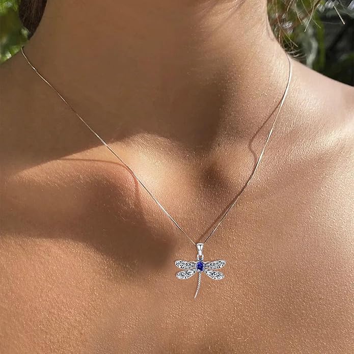 Vintage Dragonfly Necklace for Women 925 Sterling Silver, Oval Birthstone Dragonfly Pendant Boho Jewelry Birthday Gift for Her, Mom, Grandma