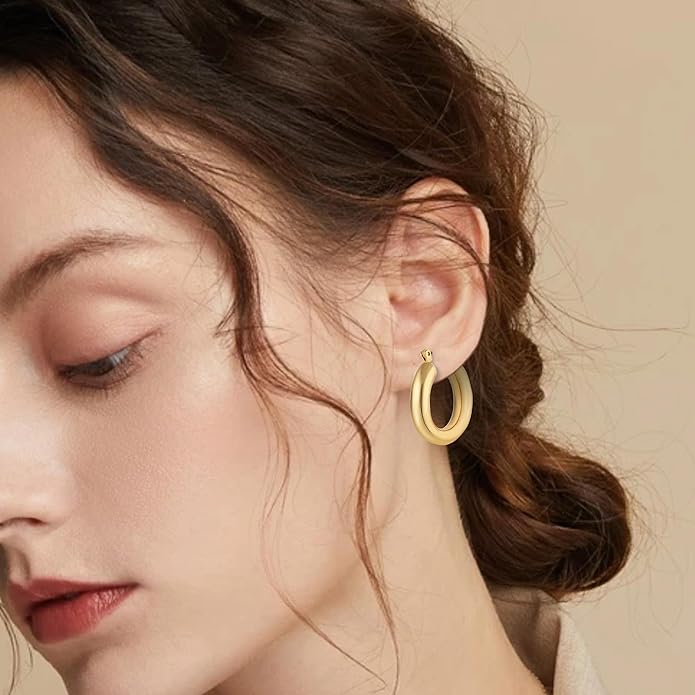 WGOUD 3Pairs 14K Gold Plated Chunky Hoop Earrings Set for Women, Trendy Hoop Earring 925 Sterling Silver Post - Hypoallergenic Thick Lightweight Twisted Hoops Dainty Gold Earrings for Women Jewelry Gifts