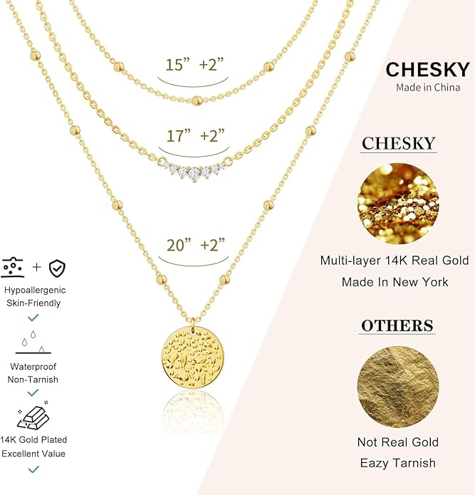 CHESKY 14K Gold Plated Layered Necklaces for Women,Dainty Gold/Silver Plated Chain Necklace CZ Pendant Necklace Adjustable Layering Choker Necklace jewelry Gifts