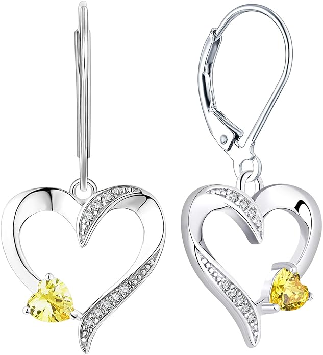 YL Heart Dangle Earrings 925 Sterling Silver Drop Earrings Birthstone Leverback Jewelry for Women