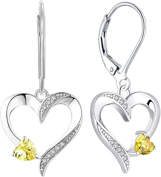 YL Heart Dangle Earrings 925 Sterling Silver Drop Earrings Birthstone Leverback Jewelry for Women