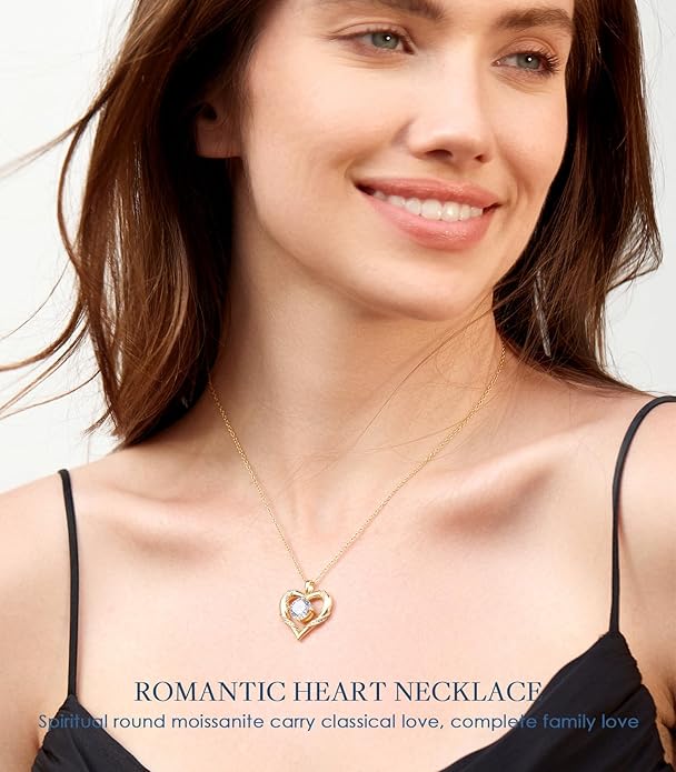 Beam & Bask 2-3 Ct Moissanite Heart Necklaces for Women, 18K Gold Plated Romantic Pendant for Anniversary Birthday, 925 Sterling Silver Jewelry for Wife Girlfriend Mom Her