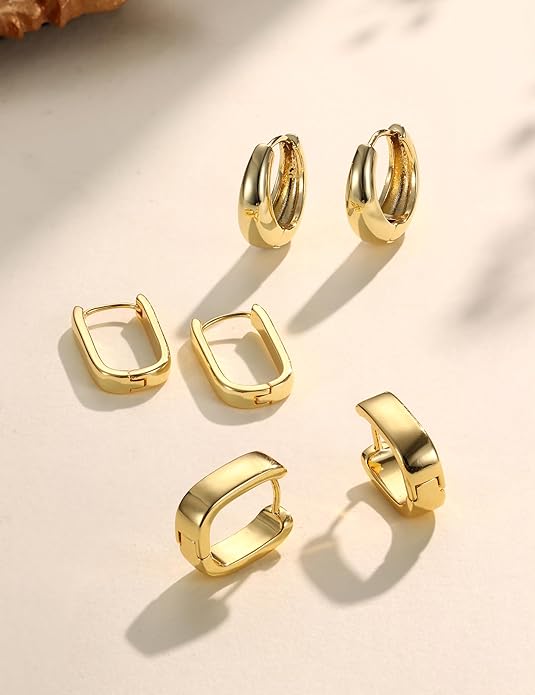 Florideco 3Pairs Chunky Gold Earrings Set 14K Gold Plated Hoop Earrings for Women Trendy Small Thick Huggie Hoops Earring Lightweight Silver Hoop Earring Sets for Multiple Piercing