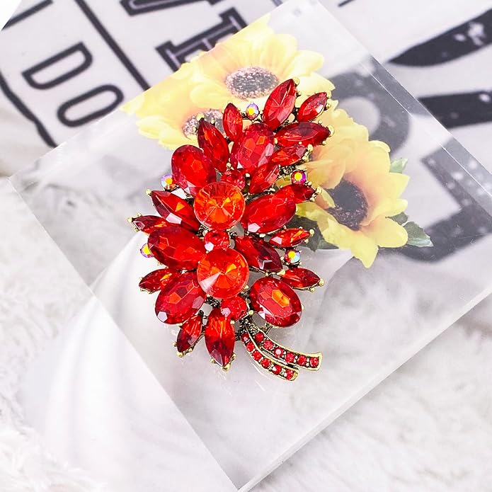 LAXPICOL Vintage Green Austrian Crystal Flower Leaf Bouquet Clusters Large Big Brooch Pin for Women Gold Tone