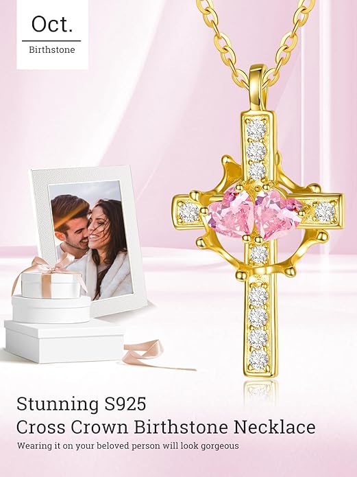 Zeuslia Double Birthstone Necklace Gifts for Wife - 925 Sterling Silver Sunflower/Rose/Crown Cross/Compass/Heart Pendant I Love You Necklace, Anniversary Birthday Gifts for Wife Girlfriend Mom Her