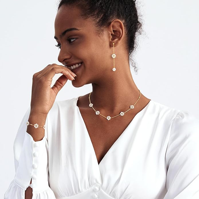 Zeffy Gold Pearl Necklace for Women, Dainty 14K Gold/Silve Plated Layered Pearl Choker Pearl Earrings Pearl Bracelets Wedding Trendy Gold Jewelry Set for Women Gifts