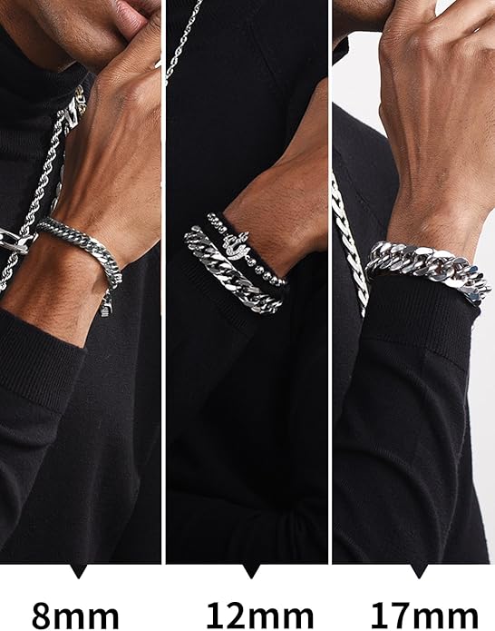 ChainsHouse Stainless Steel Cuban Link Bracelet, 8mm/12mm/17mm Width, 7.5"/8.3"/9", 18K Gold Plated Chain Wrist Bracelets for Men Women, Send Gift Box