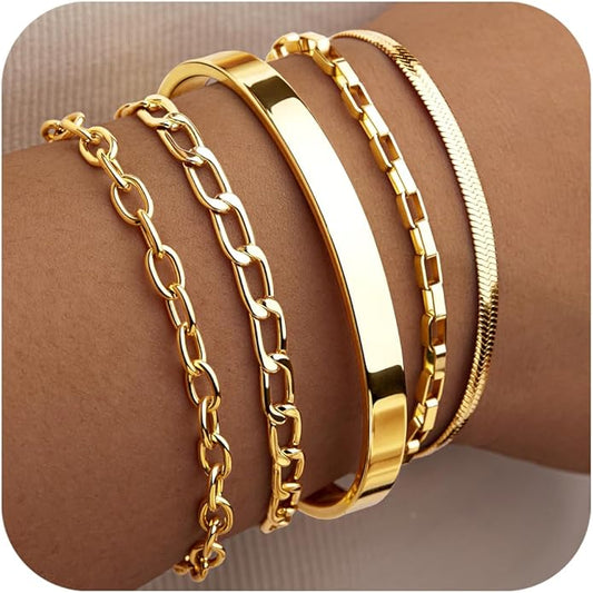 Gold Bracelets for Women Non Tainish,Dainty Bracelets Stack for Women Trendy, Gold Plated Cuff Bracelets Stack With Beaded Cuban Paperclip Snake Rope Bangle Hand Chain Jewelry Gifts for Women