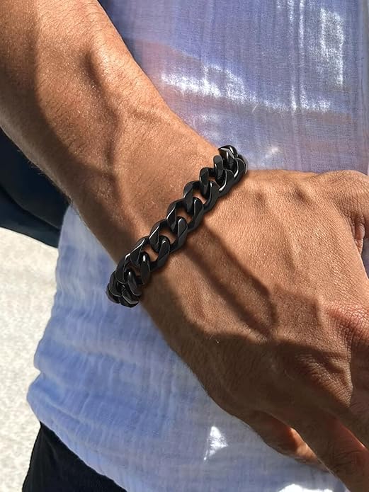 U7 Link Bracelets for Men, Cuban Link/Rope/Watch Band Solid Bracelet, Silver Black Gold Color Wrist Bracelet 3/6/9/12/15mm Width, 6.5/7.5/8.3 Inch Length, Hand Chain Jewelry for Mens Women