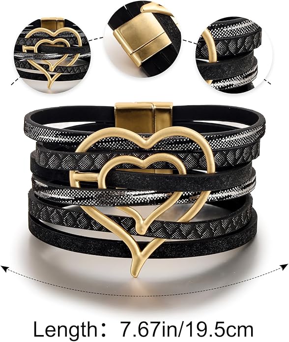 Edoneery Leather Wrap Bracelet for Women, Boho Handmade Multi-Layer Cuff with Crystal Beads Heart, Stackable Bangle Western Jewelry Gift