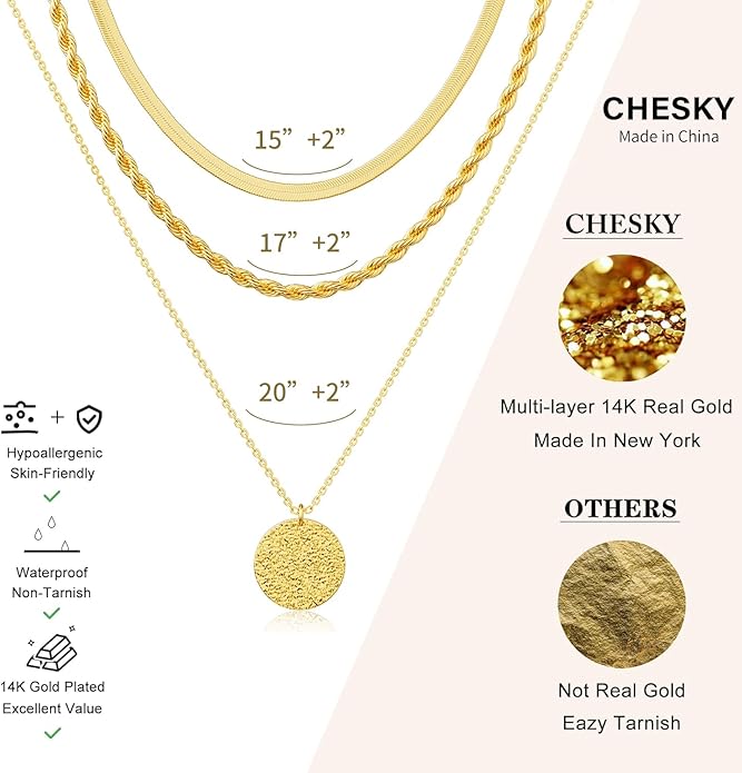 CHESKY 14K Gold Plated Layered Necklaces for Women,Dainty Gold/Silver Plated Chain Necklace CZ Pendant Necklace Adjustable Layering Choker Necklace jewelry Gifts