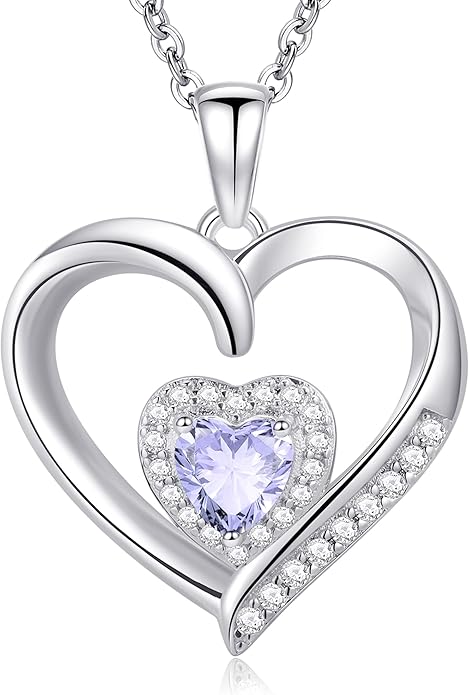 GLIVEOR Heart Birthstone Necklace for Women,S925 Sterling Silver Necklace Birthstone Necklace Heart Necklace for Women Birthday Jewelry Gifts for Women