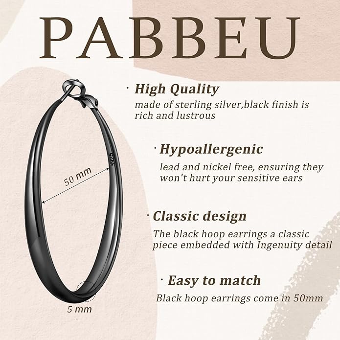 PABBEU S925 SterlingSilver Hoop Earrings Hypoallergenic Silver Hoop Earrings for Women Lightweight Large Sterling Silver Hoops Earring 30/50/70mm
