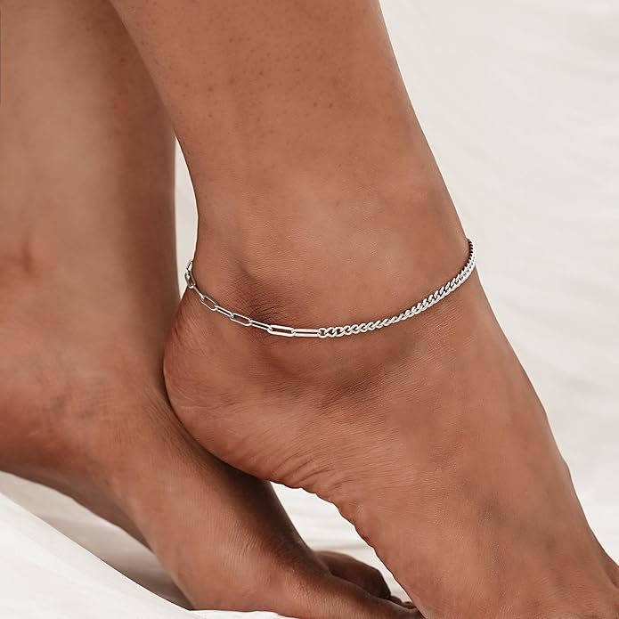 CHIC & ARTSY 925 Sterling Silver Ankle Bracelet Multilayer Anklets for Women Satellite, Star, Cross, Circle, Butterfly, Teardrop, Oval Disk Layered Anklet Beach Jewelry