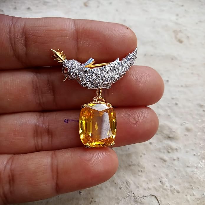 3.00 Ct Cushion Simulated Yellow Citrine & Diamond Women Bird Brooch 14K Yellow Gold Finish