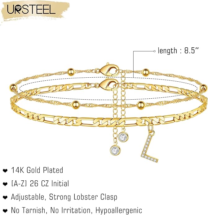 Ursteel Ankle Bracelets for Women, 14K Gold Plated Dainty Layered Chain CZ Initial Anklets Summer Jewelry Gifts for Women