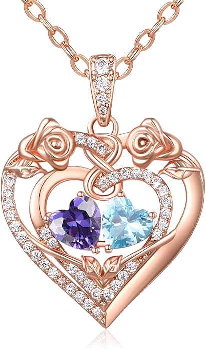 JIYVY32 Rose Heart Necklace for Women Exquisite 925 Sterling Silver Anniversary Birthday Gifts for Wife Mom Her Double Birthstone Pendant Jewelry