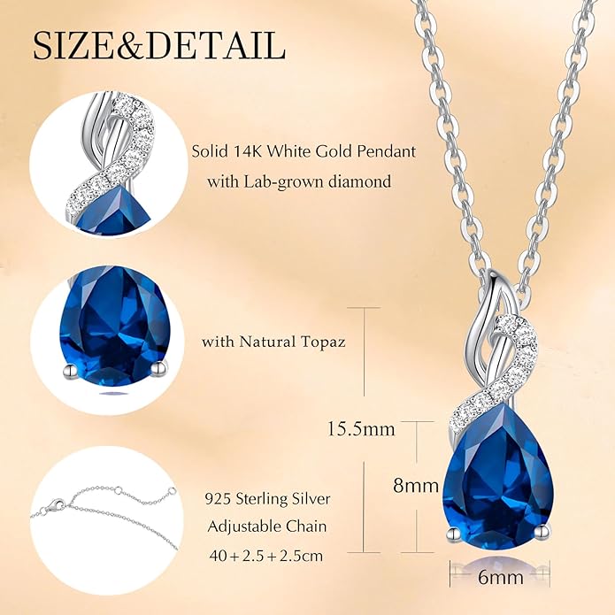 FANCIME 14K Solid White Gold Teardrop Pendant with Diamond Birthstone Necklace
