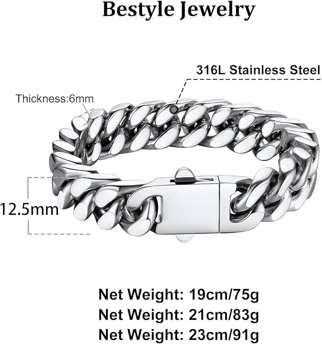 Bestyle Thick Mens Cuban Link Chain Bracelets, Durable Real 18K Gold/Black Metal Plated Solid Stainless Steel Hand Chain Cuban Bracelets for Men, Silver Black Gold Bracelets for Father Husband