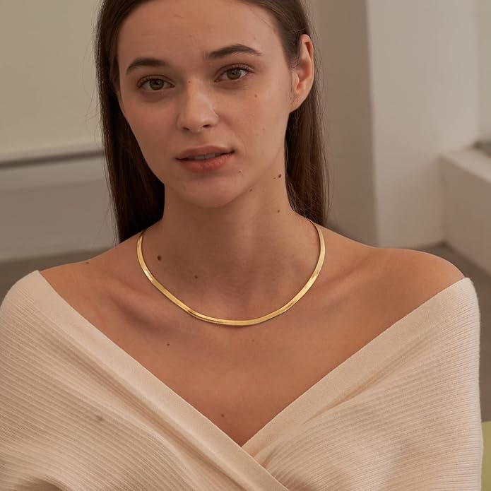 CHESKY Gold Necklace for Women-14K Gold Plated/Sterling Silver Plated Snake Chain Necklace Dainty Simple Chunky Herringbone Necklace Choker Necklaces Jewelry for Women