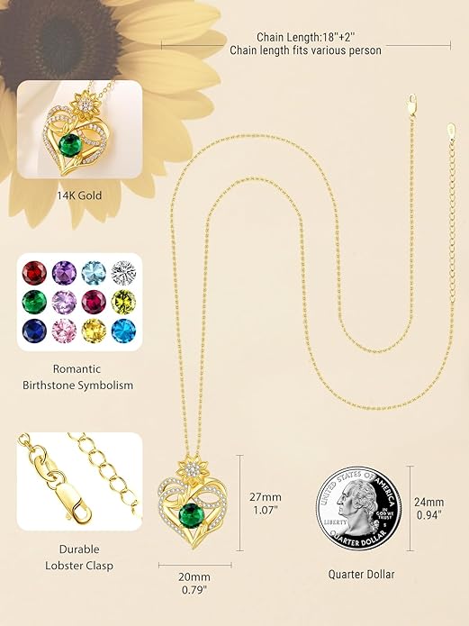 14K Gold Sunflower Birthstone Necklace for Women Infinity Love Heart Necklace Christmas Valentines Mothers Day Anniversary Birthday Gifts for Her Mom Wife Girlfriend Daughter