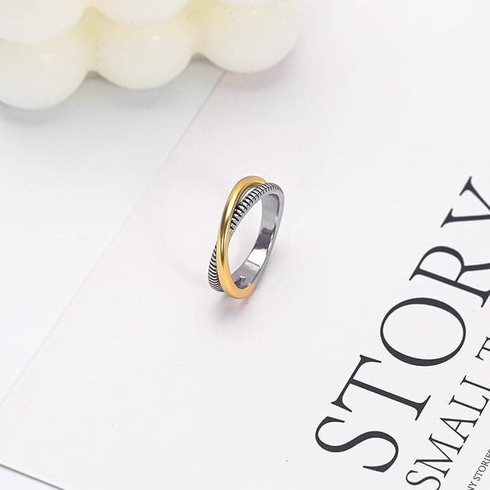 Two-Tone Wide Statement Ring for Women - Gold Silver Crossover Band with Ribbed Texture - Modern Fashion Jewelry Cocktail Ring - Mixed Metal Layered Design