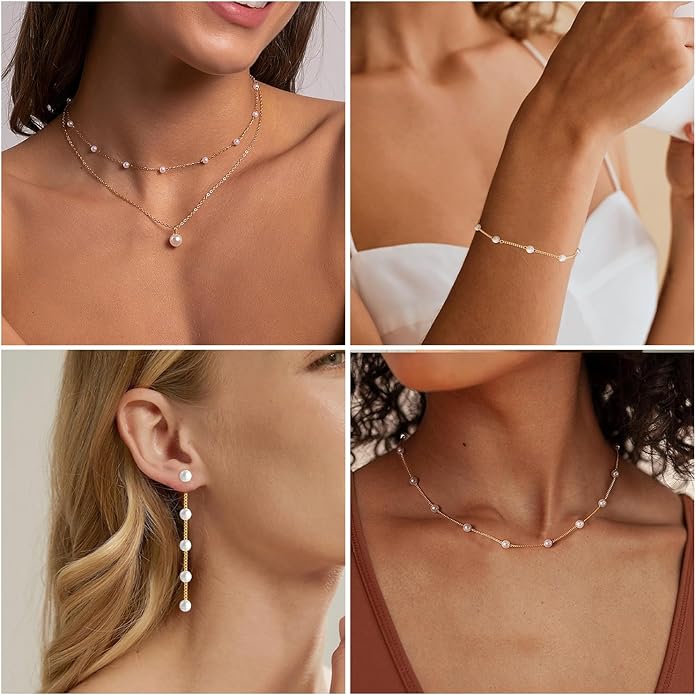 DIBOLA Gold Jewelry Set for Women, Dainty Layered 14K Gold/Silver Pearl Choker Necklaces and Earring Set Pearl Earrings Bracelets Wedding Bride Jewelry