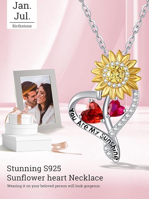 Zeuslia Double Birthstone Necklace Gifts for Wife - 925 Sterling Silver Sunflower/Rose/Crown Cross/Compass/Heart Pendant I Love You Necklace, Anniversary Birthday Gifts for Wife Girlfriend Mom Her