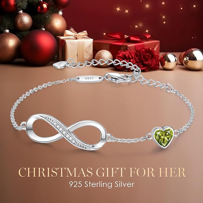 CDE Infinity Heart Birthstone Charm Link Bracelet for Women 925 Sterling Silver Adjustable Mother's Day Gift Anniversary Birthday Jewelry for Wife Girlfriend Her