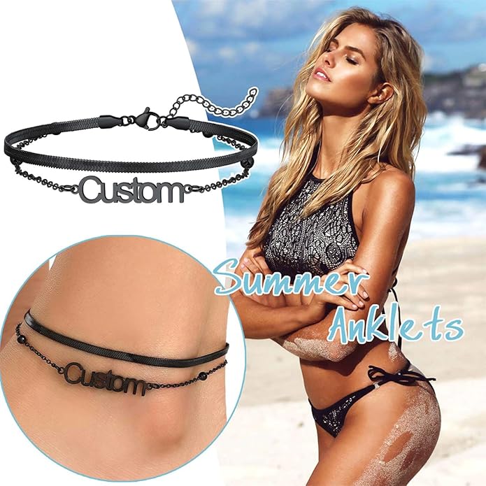 U7 Custom Layered Ankle Bracelets for Women Stainless Steel Bead/Cuban/Figaro/Rope/Wheat Chain Anklet Waterproof Anklet Jewelry for Beach Vacation