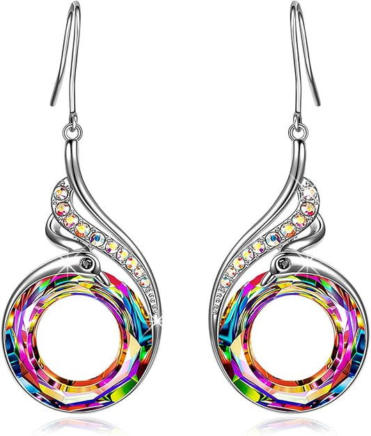 Kate Lynn "Rise From the Ashes" Phoenix Earrings, Sterling Silver Dangle Earrings with Crystals from Austria, Birthday Gift with Jewelry Box, Symbol of Luck and Renewal