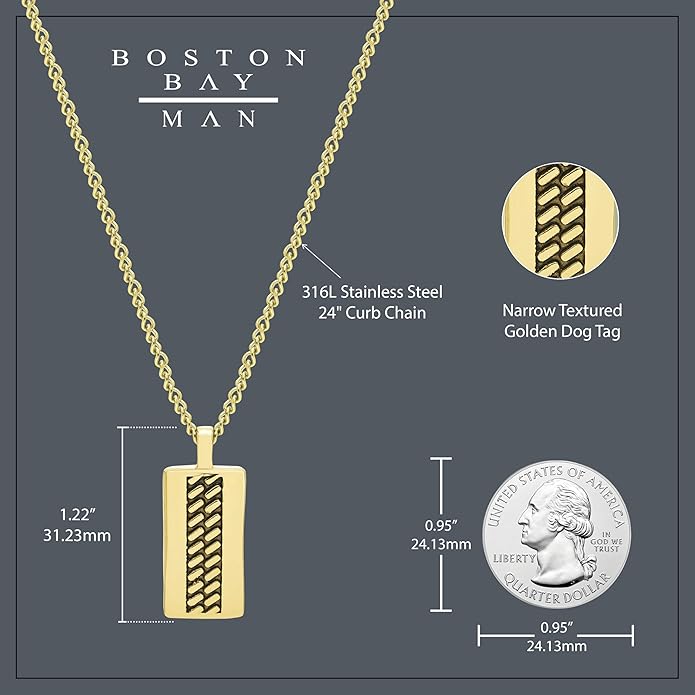 Boston Bay Men’s Black Dog Tag Necklace, 316L Stainless Steel Pendant with 24 Inch Fine Cuban Curb Link Chain