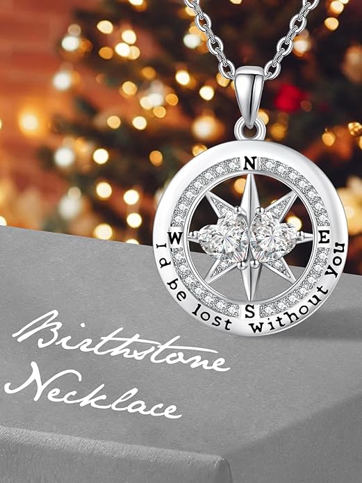 Compass Birthstones Necklace for Women, Exquisite Anniversary Birthday Gifts for Wife Her Double Birthstone Pendant jewelry ‘I'd be Lost Without You’