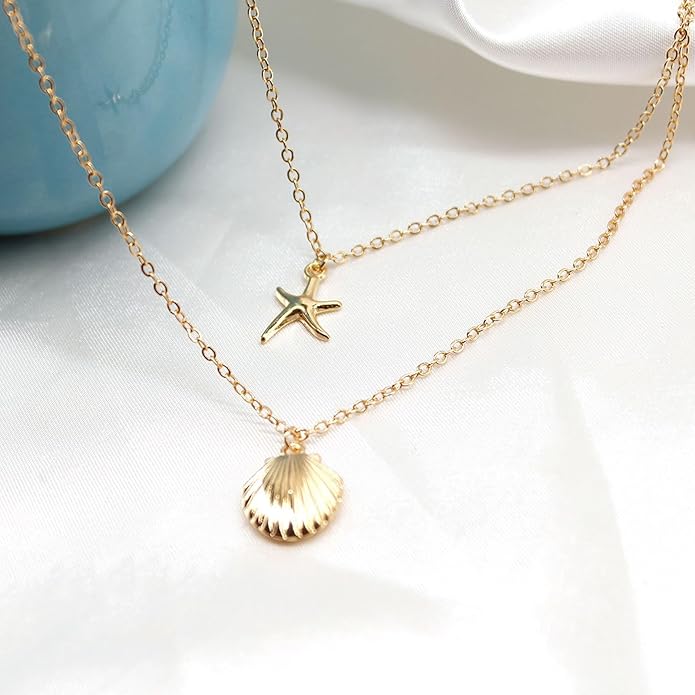 Gold Starfish Necklace for Women Beach Jewelry Accessories Sea Shell Beach Necklace Layered Starfish Pendant Beachy Ocean Necklaces Boho Cowrie Seashell Summer Necklaces Jewelry Gifts Trendy Stuff
