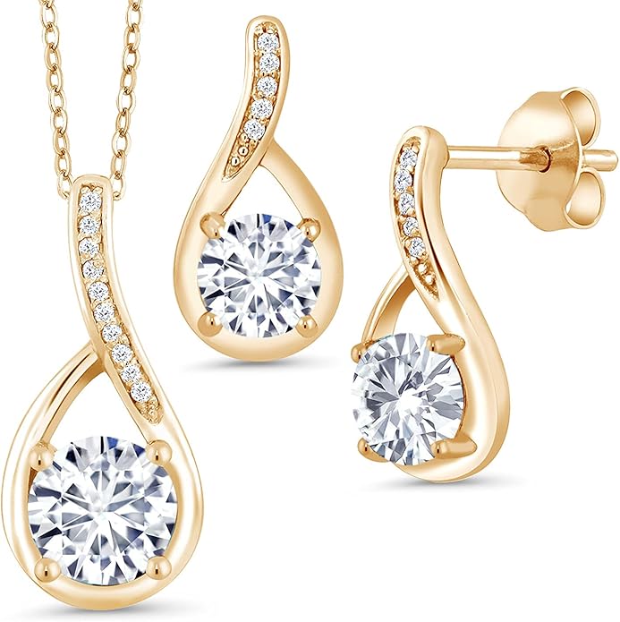Gem Stone King 18K Yellow Gold Plated Silver Round Gemstone Birthstone and Diamond Pendant Earrings Jewelry Set For Women | Round 6MM and 5MM | With 18 Inch Chain