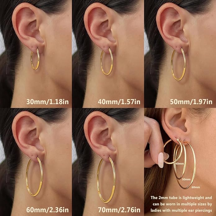 YOUNGYUE 925 Sterling Silver Hoop Earrings for Women Hypoallergenic Oversize 14K Gold Hoops Earrings for Women Thin Gold Plated Hoop earrings Lightweight Large Silver Hoop Earrings 30/40/50/60/70mm