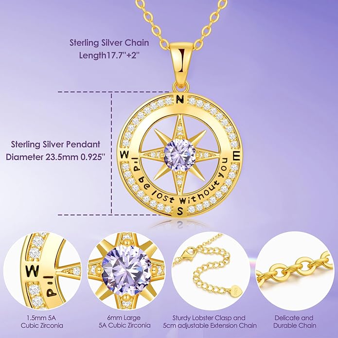 Zifeel Compass Necklace Gifts for Women wife - S925 Sterling Silver Birthstone Necklaces for Women - Anniversary Birthday Gifts for Her Wife Girlfriend - Valentines Mom Mothers Day Christmas Gifts Jewelry for Women