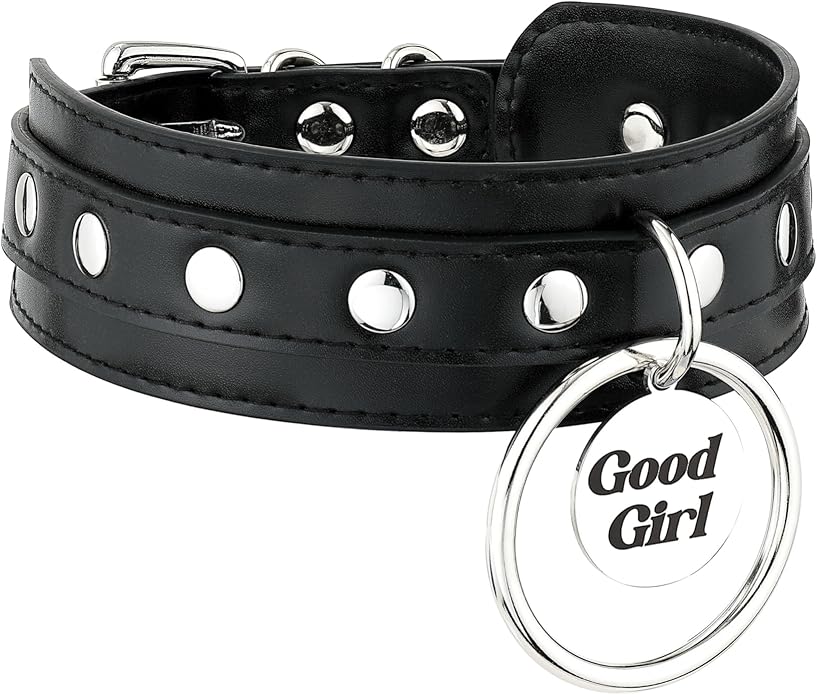 Black O-ring Leather Choker Collar for Women, Gothic Punk Style Adjustable Choker Necklace with Rivets and Engraved Letters Steel Tag