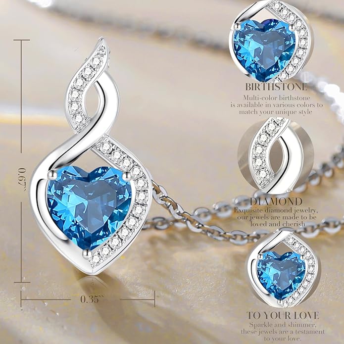 FANCIME 14K Solid White Gold Heart Birthstone Necklace with Diamond Pendent Birthday Gifts for Mom Women, Sterling Silver Chain 16" + 2" Extender