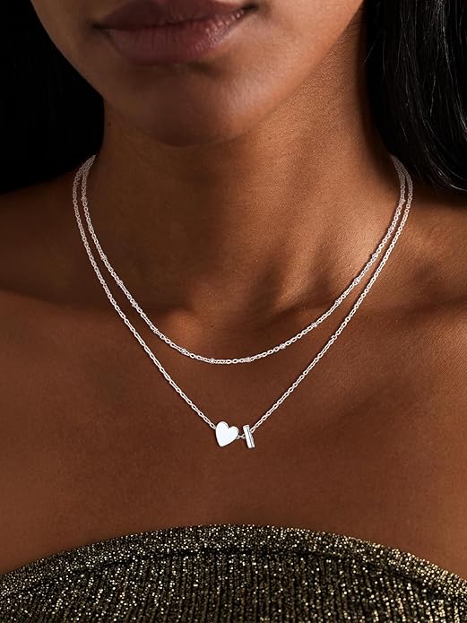 FOCALOOK Layered Initial Necklace for Women, 14K Gold Plated Choker Necklaces Stacks with Initial A-Z, Dainty Silver Heart Pendant Necklace Personalized Birthday Women Jewelry