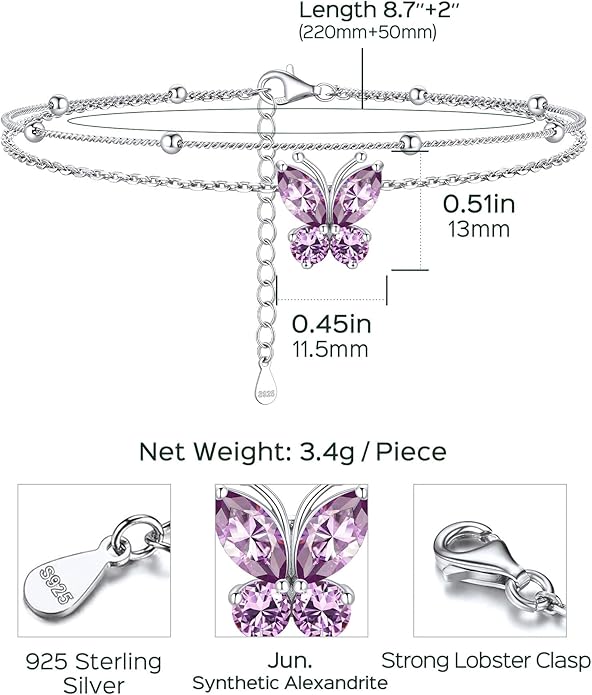 ChicSilver 925 Sterling Silver Anklets for Women Waterproof, Sparkling Birthstone Ankle Bracelets for Women, Adjustable Layered Butterfly Anklet Summer Beach Jewelry