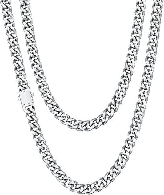 Fiusem Valentines Day Gifts for Him Silver Tone/Black/14K Gold Plated Chain Necklace for Men, 5mm/6mm/7.5mm/8mm/9mm Stainless Steel Cuban Link Chain Necklace, Men's Chains 18-28 Inch Jewelry Gifts