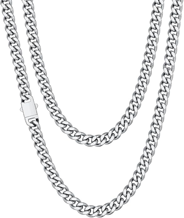 Fiusem Valentines Day Gifts for Him Silver Tone/Black/14K Gold Plated Chain Necklace for Men, 5mm/6mm/7.5mm/8mm/9mm Stainless Steel Cuban Link Chain Necklace, Men's Chains 18-28 Inch Jewelry Gifts