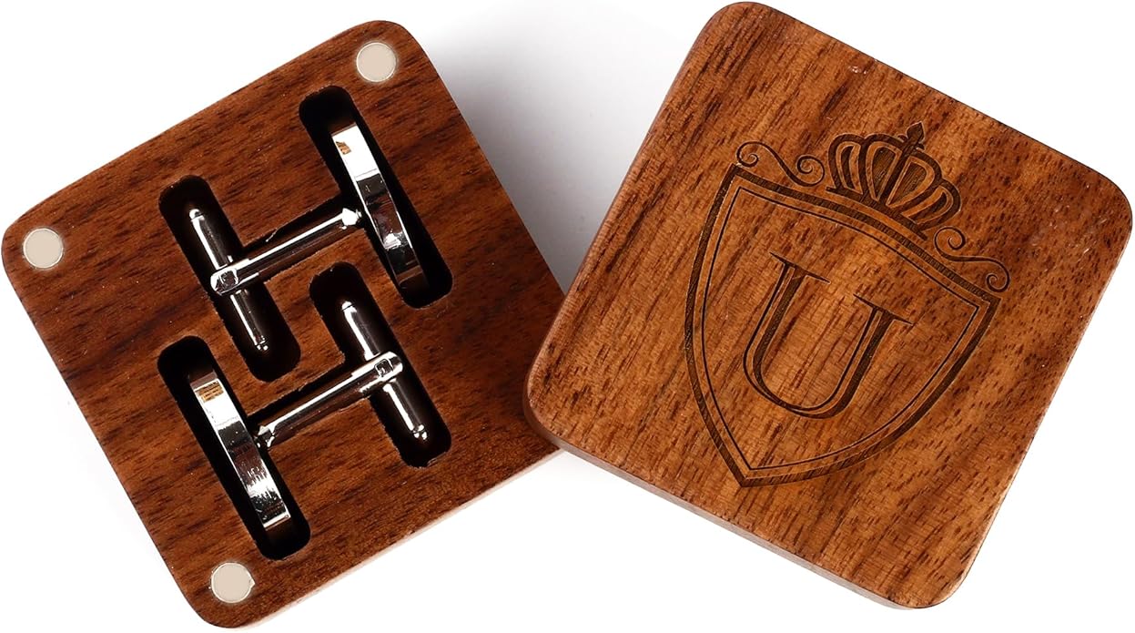 Mens Initial Silver Cufflinks A-Z Alphabet Letter Steel Cuff Links with Engraved Walnut Wood Box Groom Groomsman Wedding Set…
