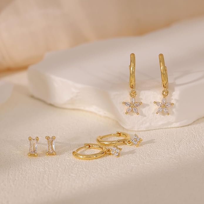 Gold Plated Earrings for Women, 14k Gold Plated Earring Stack Hypoallergenic Pearl Drop Earring Dainty Earrings for Women Trendy Cute Small Huggie Hoop Earring Fashion Womens Jewelry