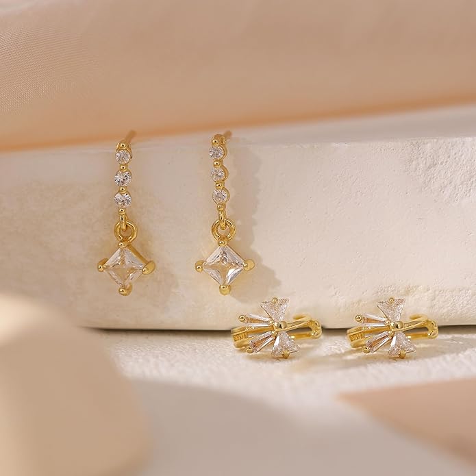 Gold Plated Earrings for Women, 14k Gold Plated Earring Stack Hypoallergenic Pearl Drop Earring Dainty Earrings for Women Trendy Cute Small Huggie Hoop Earring Fashion Womens Jewelry