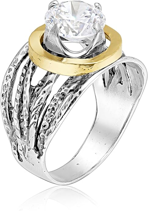 JEAN RACHEL JEWELRY Mixed Metal Two Tone Ring for Women – CZ Wire Wrap – 925 Sterling Silver & 14K Gold Over Silver – Sculptural Wire Band with Round CZ – Hypoallergenic Design