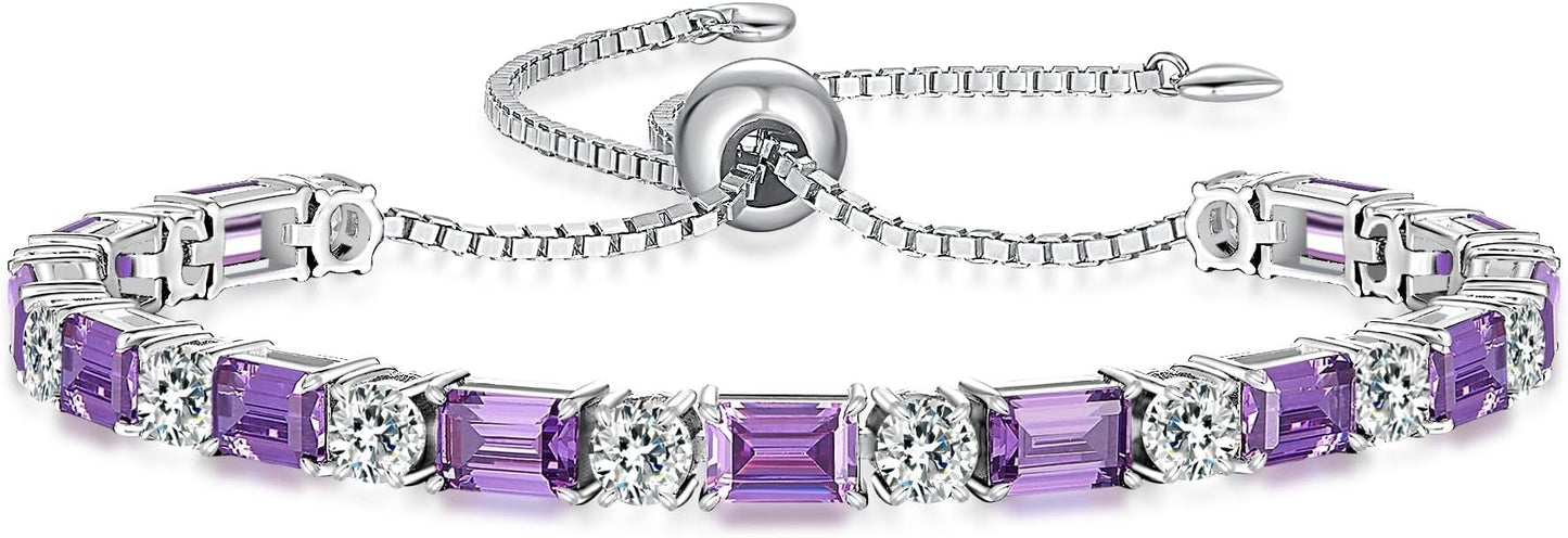 Birthstone Tennis Bracelets for Women White Gold Sterling Silver Gemstone Bracelets Adjustable Chain 6-9 Inchs Jewelry Anniversary Birthday Gifts for Women Mom Wife Her